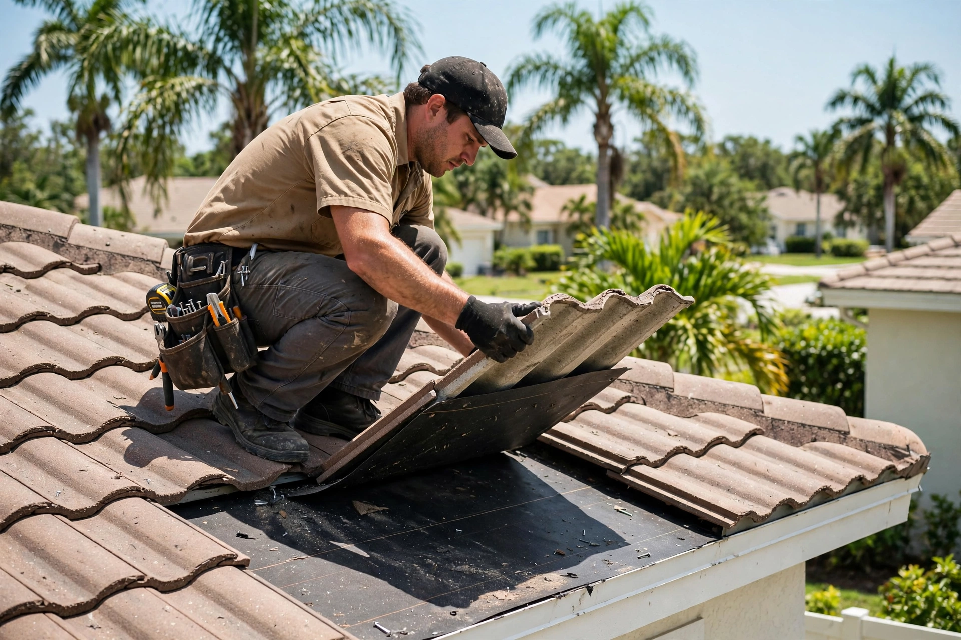 Roofer performing roof leak repair on a Apopka home